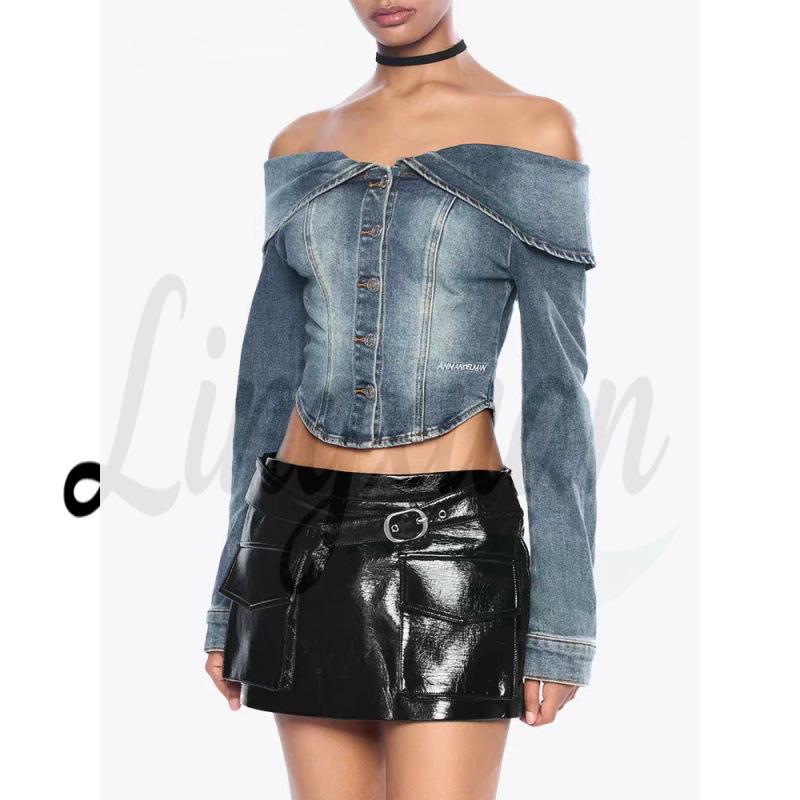 Европейская горячая девушка Синяя джинсовая куртка на одно плечо Large синий