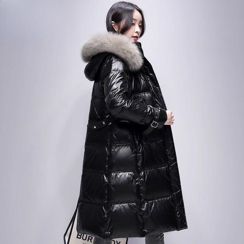 Snow Winter Girls Down Jacket Hooded Big Fur Collar Medium and Long Jacket Fashion Glossy Duck Down Top