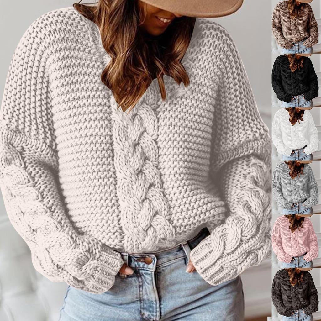 Fall And Winter Solid Color Pullover V-neck Loose Sweater Casual Knitted Sweater For Women