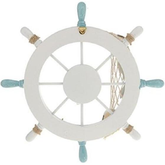Nautical Ship Wheel Wall Decor, 18 In, White and Turquoise, Beach Theme with Seashells and Fish Net (11 Inch Crack Finishing)