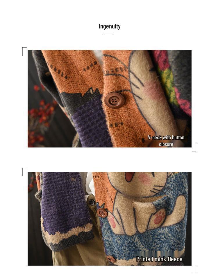 Vintage Autumn Winter Faux Mink Print Cardigan - Women's Loose Slimming Long Sleeve Knit Top