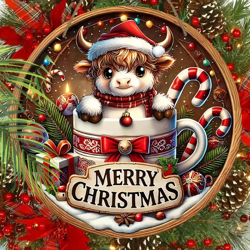 Christmas decoration sign,hanging decorations,2D flat Wooden product with The pattern of a calf in the cup,Christmas gifts for friends and family