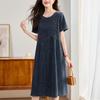 Women’s Summer 2024 Loose-Fit Denim Midi Dress - Retro Casual Style for Middle-Aged Moms