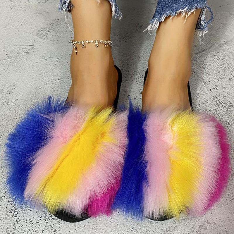 Fashion Fashion Mix Color Fluffy Fur Slippers for Women Winter Warm Cozy Indoor House Shoes Woman Open Toe Non Slip Plush Floor Slippers