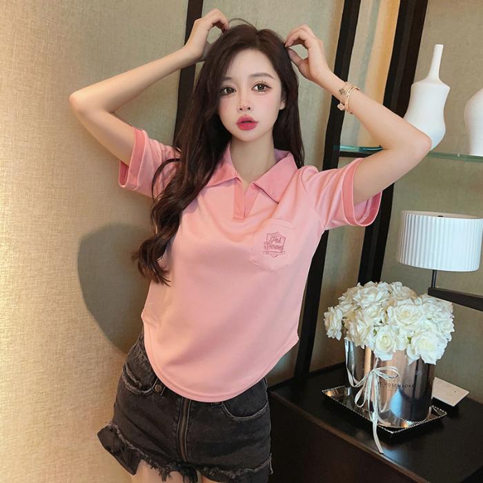 Summer irregular Letter embroidery t shirts Women‘s polo collar Short-sleeve T-shirt casual loose Elastic y2k Tops women clothes