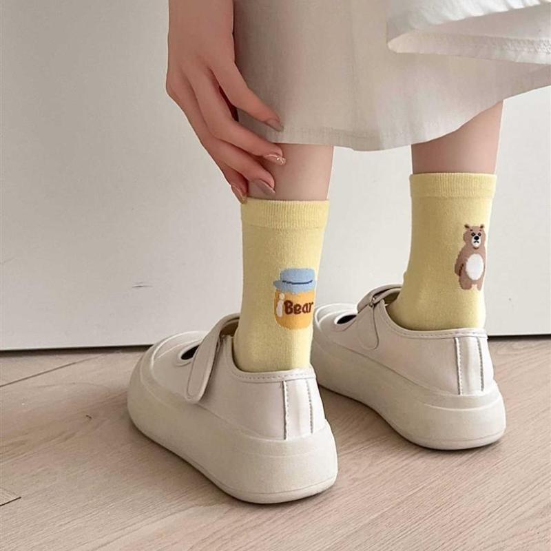 Trendy A&B Style Mid-tube Socks for Women Cute Cartoon Soft Breathable Cotton Socks Candy Color College Style Student Socks