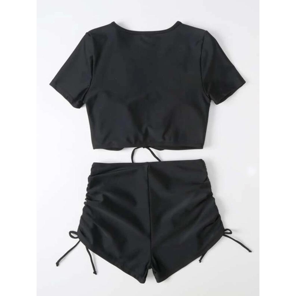 Women's Two-piece Swimsuit With Short Sleeved Flat Corner Pants And Drawstring Swimsuit