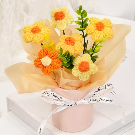 Crochet Flower Bouquet Handmade Artificial Knitted Bouquet Fake Sunflower Carnation Tulip Puff Flowers Gifts for Mother Wife On Birthday Anniversary