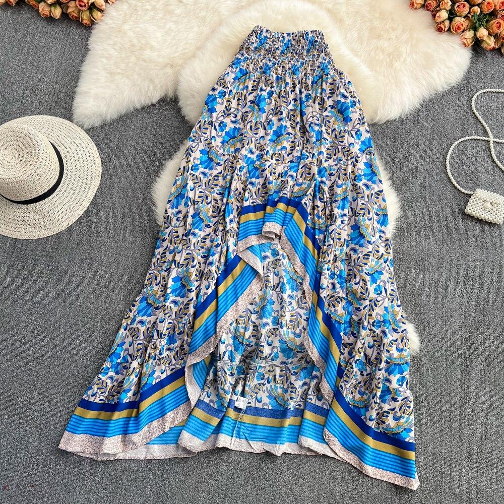 2025 Summer Irregular High Waist Slim Bohemian Seaside Holiday Print Loose Covering A-Line Skirt