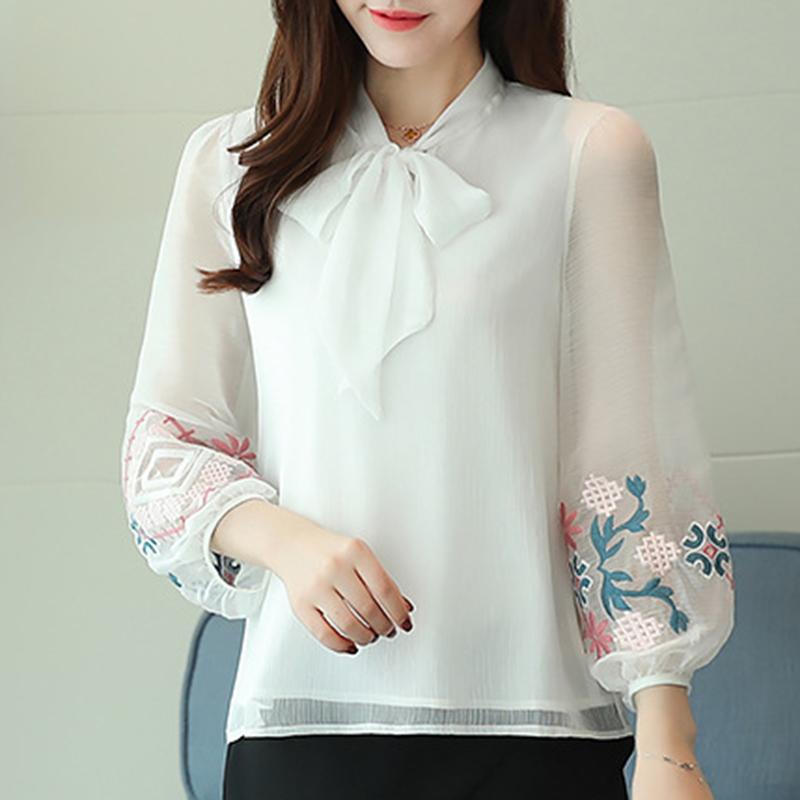 Fashion Long Sleeve Chiffon White Shirts Women Solid Embroidery Flowers Elegant Women's Blouses Vintage Lace-up Bow Collar Office Lady Tops 6056