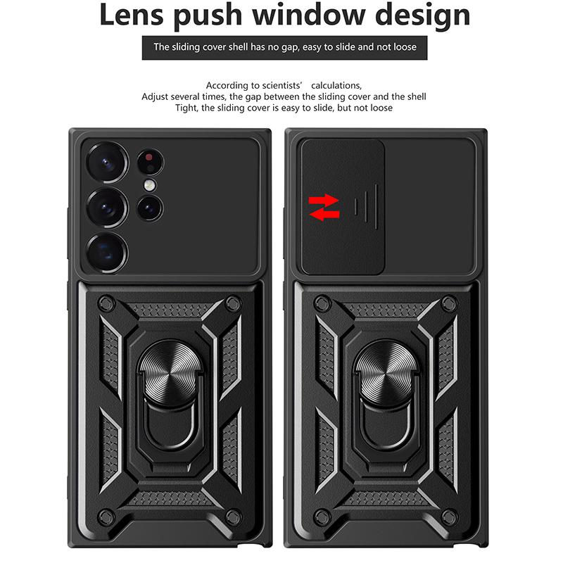 Sergeant Level Camera Sliding Window Phone Case For Samsung S25 S24 S23 S22 Ultra Plus Ring Bracket Shockproof Protective Cover