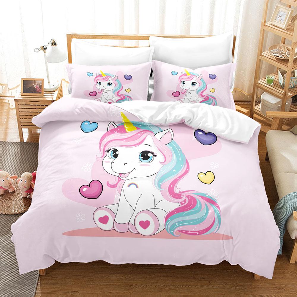 3D Cartoon Bedding Set Unicorn Rainbow Printed Duvet Cover Set Soft Skin-Friendly Single Double King Size for Kids Birthday Gift