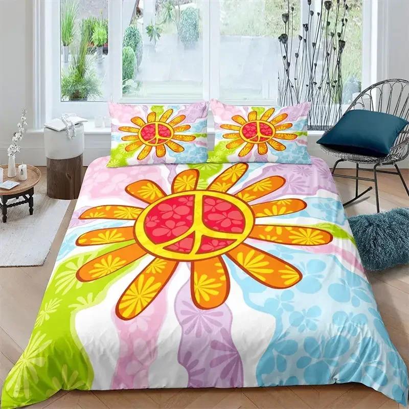 3D Hippie Peace Symbol Colorful Pattern Chic Exotic Flower Comfortable Duvet Cover Pillowcase Bedding Set Children Home Textile