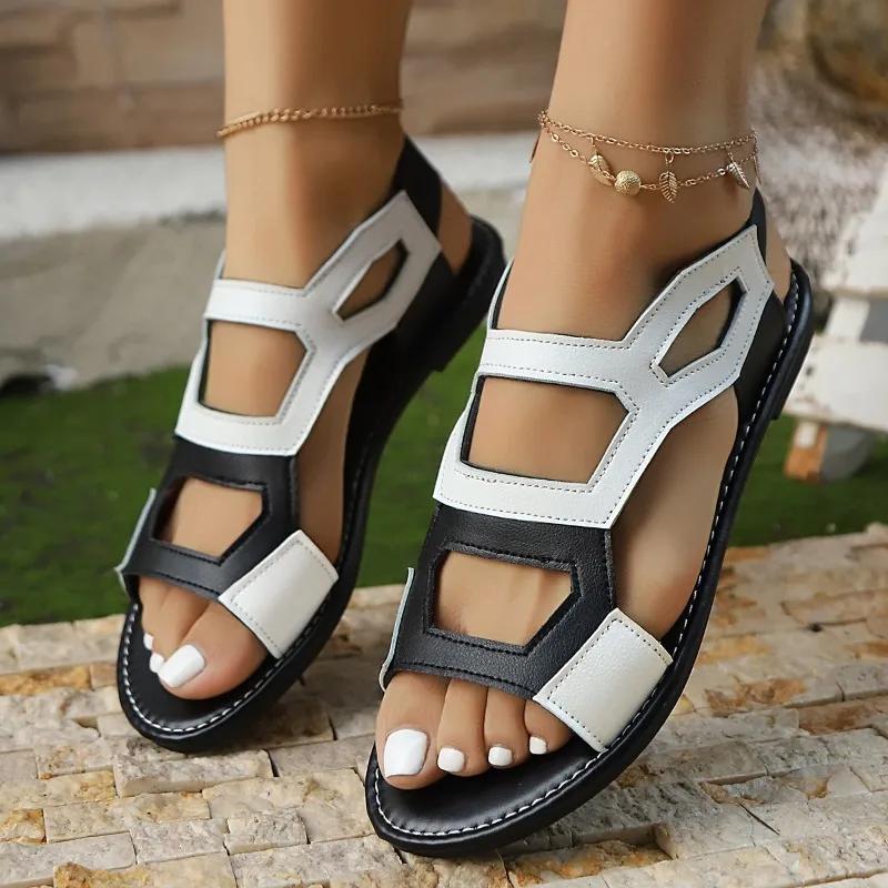 

Модная женская обувь 2025 Модные сандалии женские на резинке Летние новые с открытым носком Повседневные больших размеров Цветные Легкие плоские сандалии 36 покинуть белый