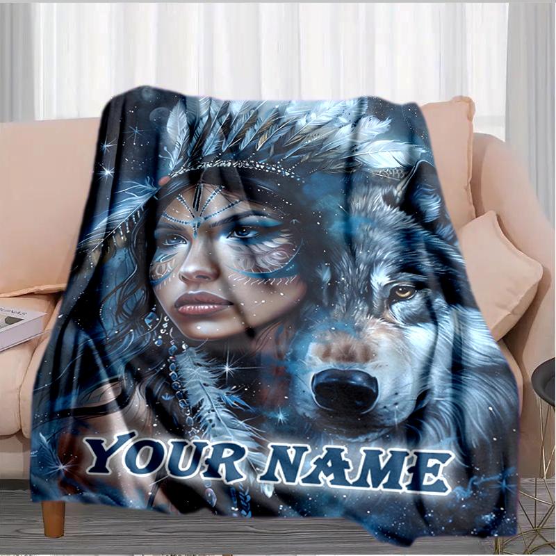 1PC Custom Name Native Spirit Wolf flannel blanket versatile,all-season throw suitable for the living room,bedroom,camping,travel,and gift