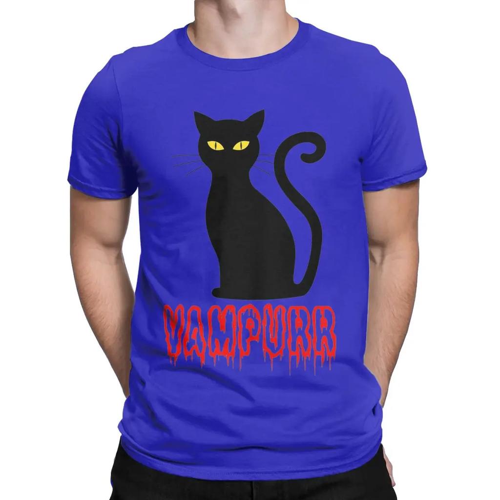 Vampurr Black Cat Halloween Gift T Shirt Men's Cotton Funny T-Shirt Round Collar Vampire Tee Shirt Short Sleeve Tops Gift Idea