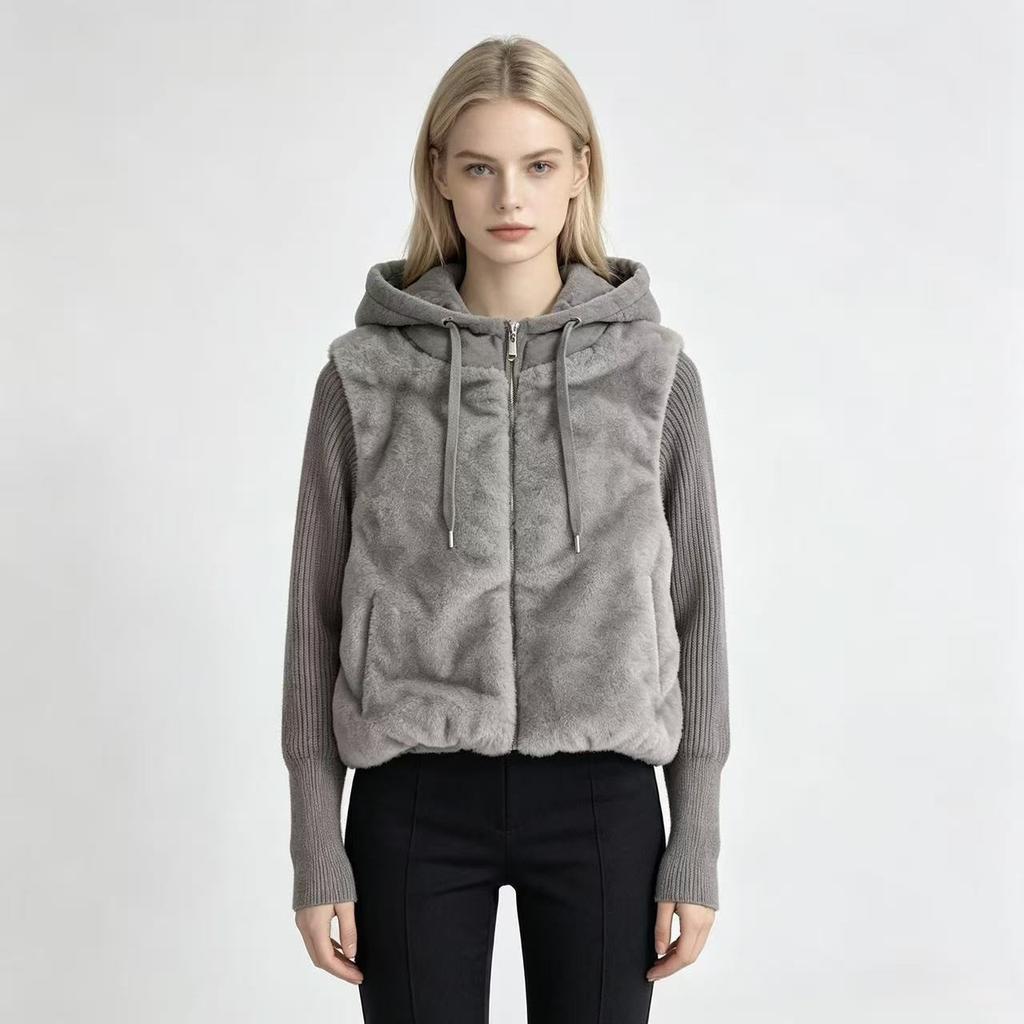Fake two-piece knitted splicing sleeves imitation mink short jacket women's small cotton jacket