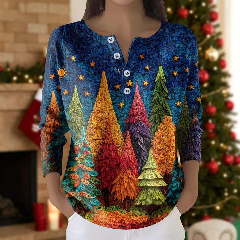 Women's Fashion Long Sleeve Christmas Snowflake Print Top Elegant Casual Top