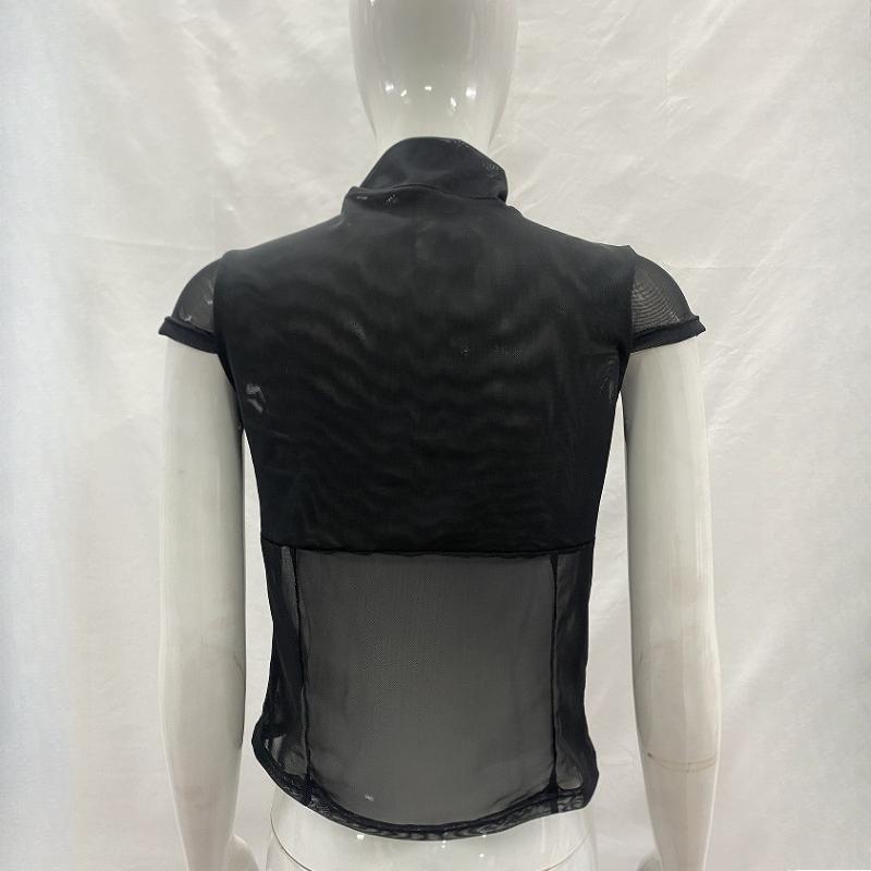 European and American Summer Sexy Women's Round Neck Hollow Mesh Splicing Bow T-shirt