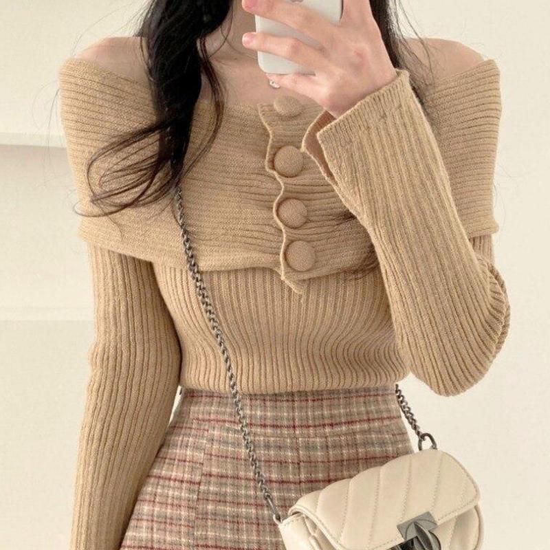 

Зимний офисный женский сексуальный свитер, модный вязаный пуловер, женский однотонный тонкий женский пуловер с длинными рукавами, элегантный топ 29049