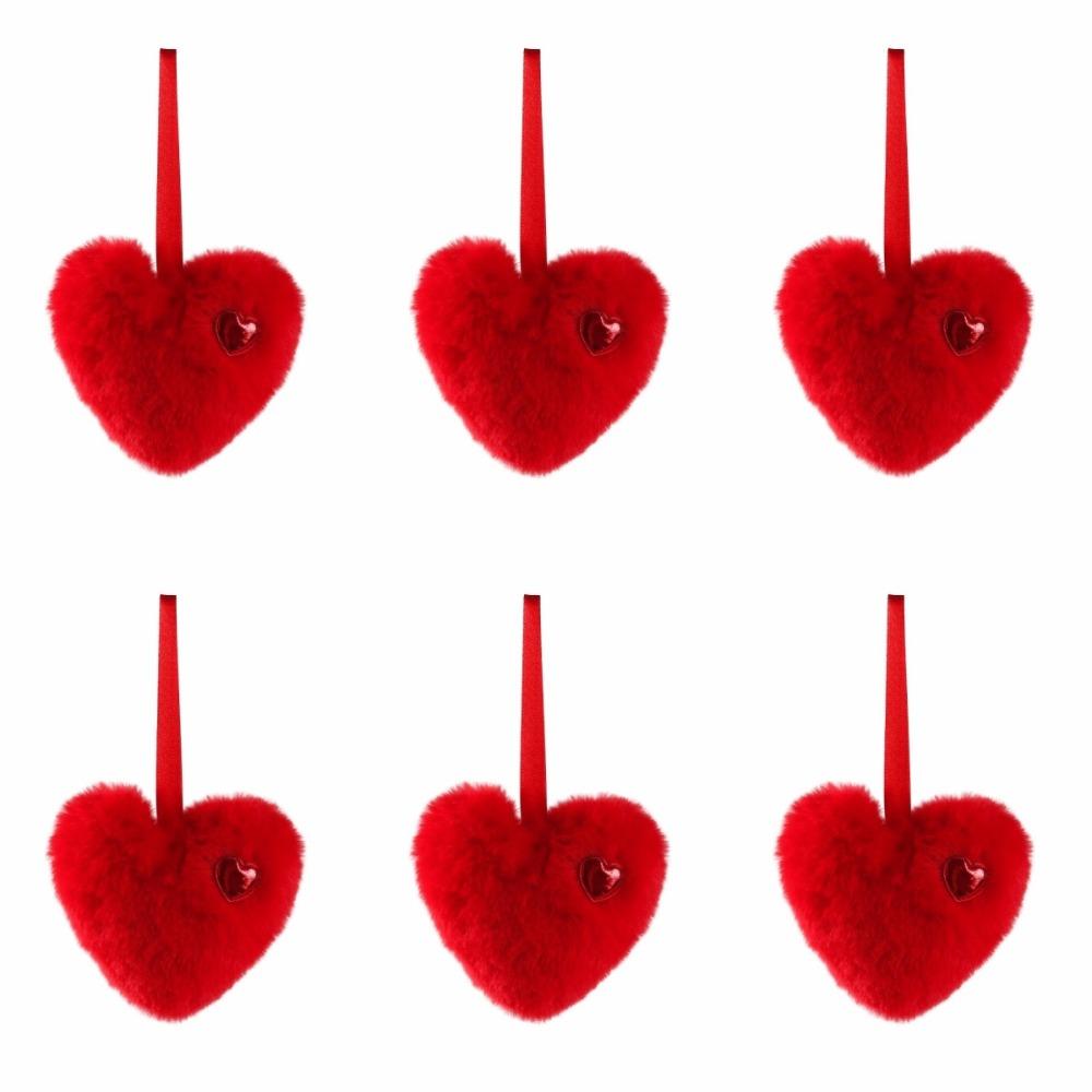 6pcs Colorful Fluffy Heart Christmas Balls Ornaments Handmade Bag Charms Green Furry Elf Balls Pendant with Red Hearts