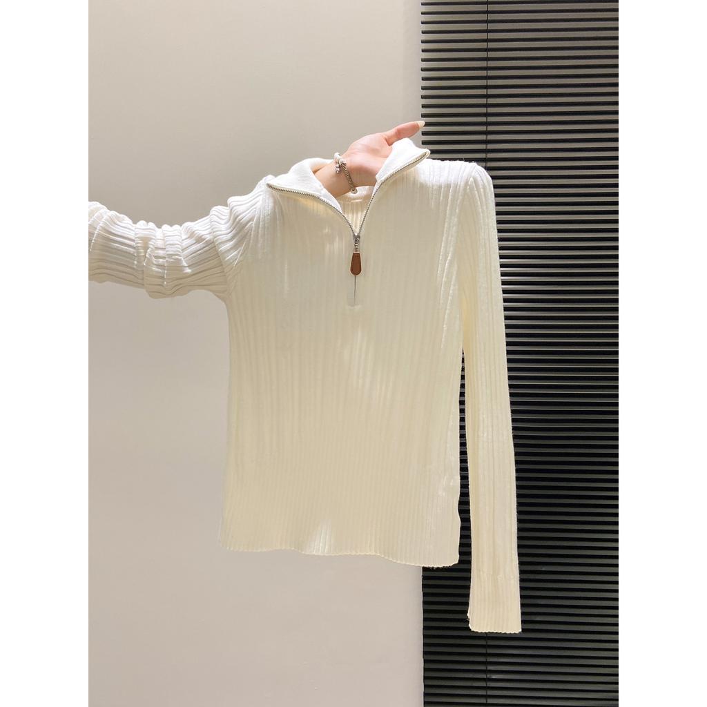 Waist high-end small stand-up neck knitted sweater women's autumn and winter slim-fit soft waxy zipper inner top bottoming shirt