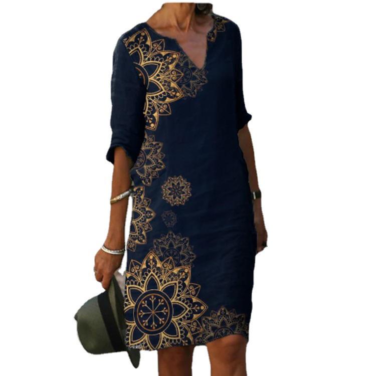 2025 Spring Vintage V-neck Retro Print Midi Dress for Women
