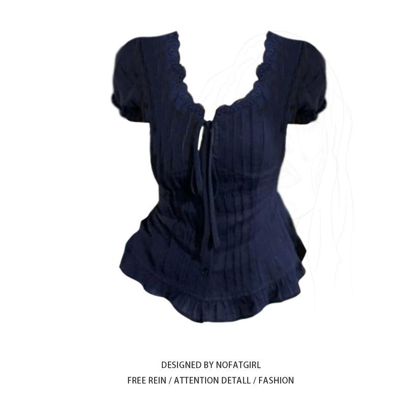 

Plus size Chubby Girl French style Retro Wooden Ear Puff sleeve Shirts Women Summer New Waist Hugging Slimming Design Sense Top Navy Blue Top L