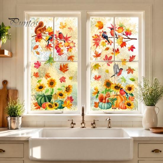 Removable Maple Leaf Clings Autumn Harvest Window Decals, Sunflower Pumpkin Bird Static Cling Stickers, Classroom Fall Theme Displays Reusable