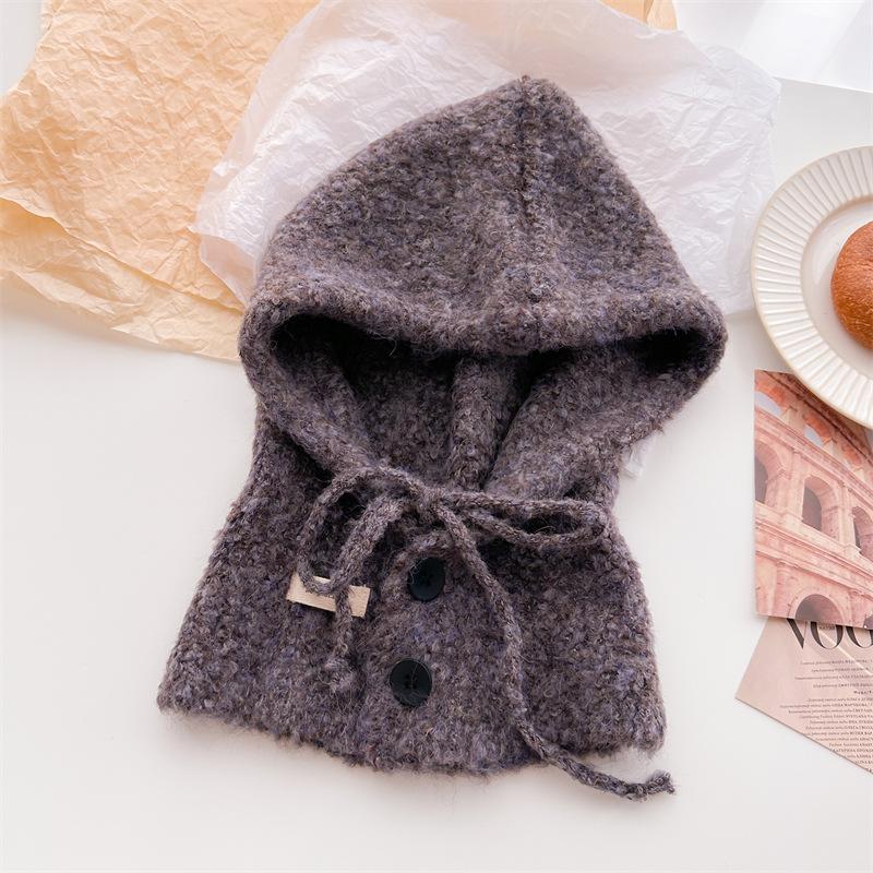 Drawstring button solid color versatile balaclava wool knitted hat winter warm and protective ear hat
