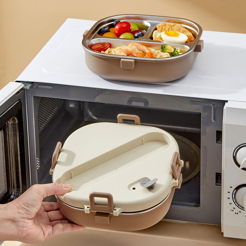 WORTHBUY 800Ml 304 Stainless Steel Bento Lunch Box 3/4 Grid Microwave Safe Large Capacity Food Container Set For Student Adult