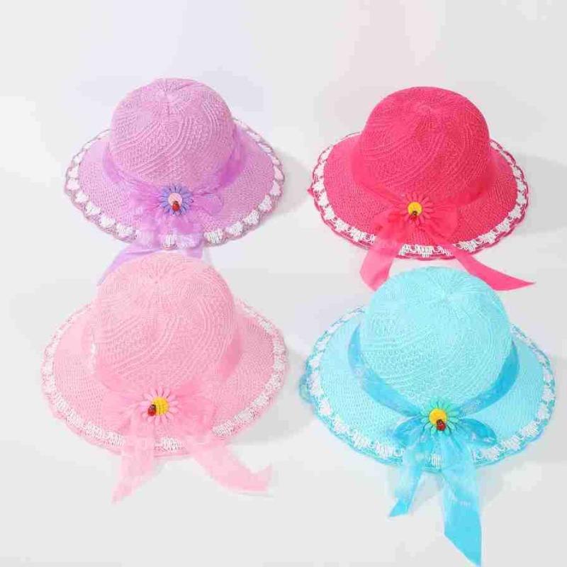 Summer sweet baby outing hat colored mesh flower bow cute outdoor sunshade breathable hat