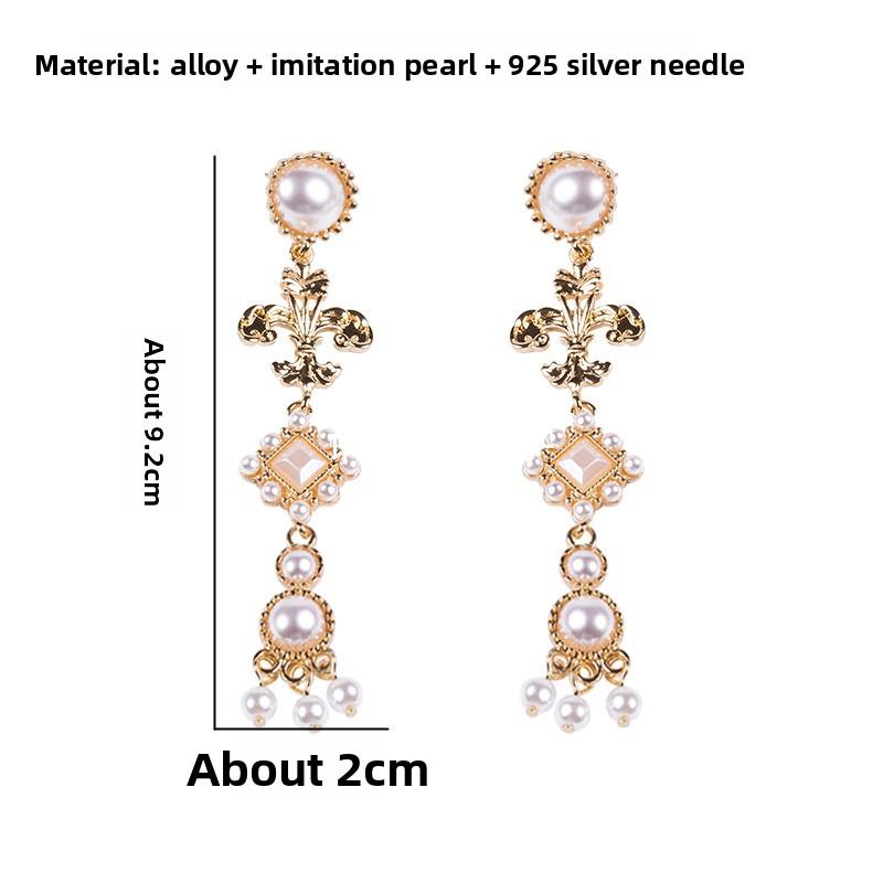 S925 sterling silver needle court style vintage earrings - french pearl long drop earrings & ear clips