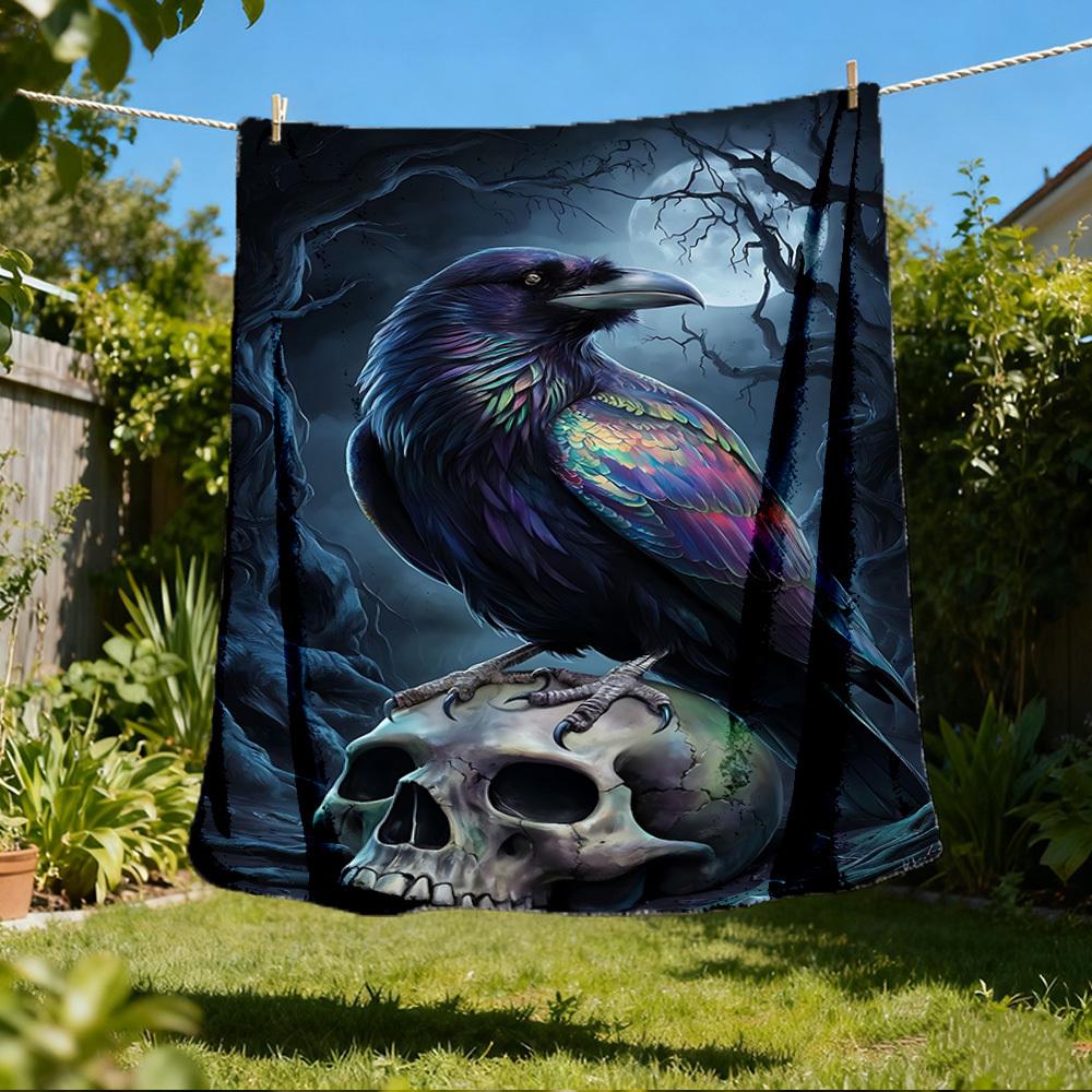

1pc Raven Skull Print Outdoor Blanket, Lightweight Polyester, 80x120cm