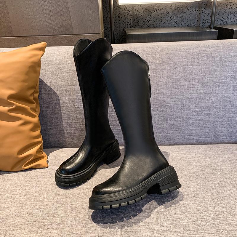 2024 Hot Sale New Autumn Winter Women Knee Length Shoes Round Head Solid Color Slip-On Wear Resistant Ladies Elegant Boots