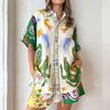 Spring Women's Fashion Printed Ruched Three-Quarter Sleeve Casual Fashion Pantsuit