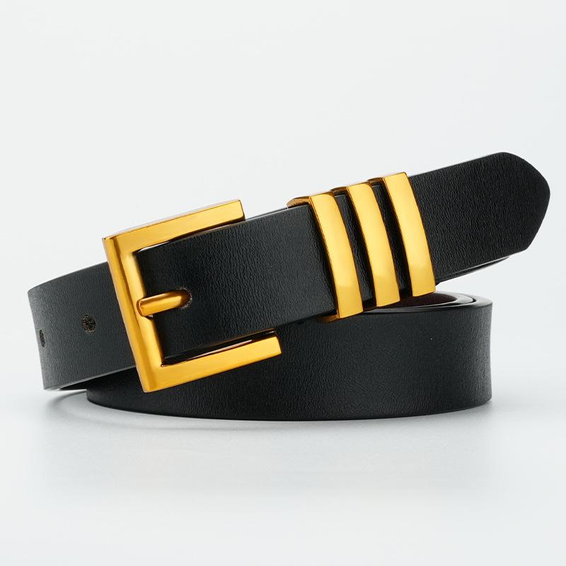 Women's 2.4cm Alloy Solid Electroplated Pin Buckle Black Brown Slim Retro Cowhide Belt