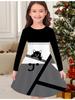 Girls' Autumn and Winter Fashion Dress, 3D Black Cat Print  Round Neck Long Children's T-shirt Dress, Casual Versatile, Christmas Clothing