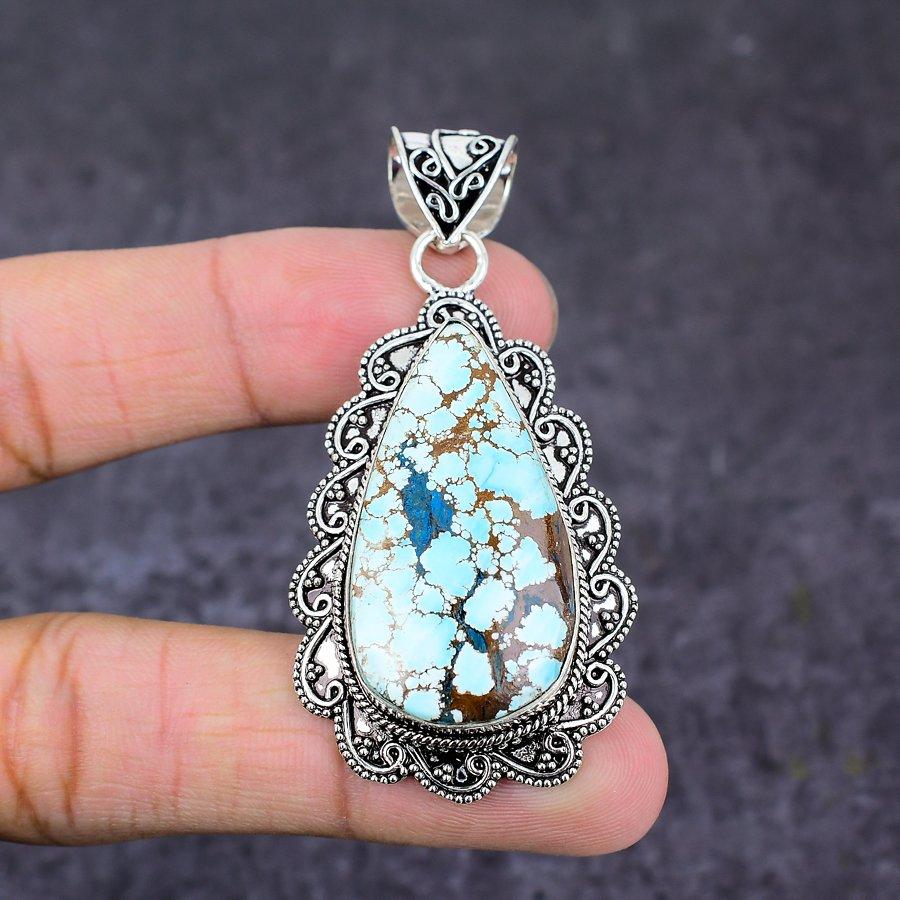 Natural Tibetan Turquoise Gemstone 925 Sterling Silver Gift Pendant 2.60" V2R91