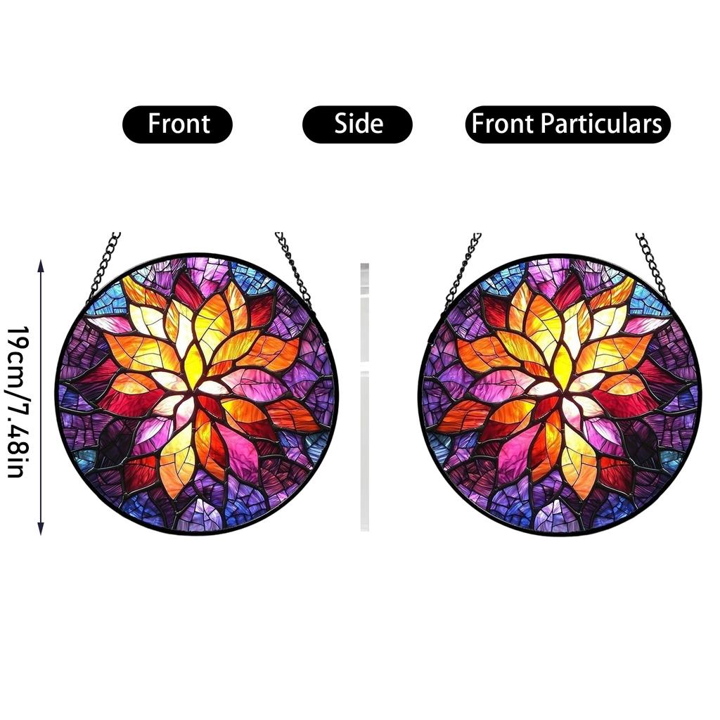 Round Stained Glass Window Hanging Decorative Panel with Floral Pattern and Metal Frame for Home Indoor Outdoor Use