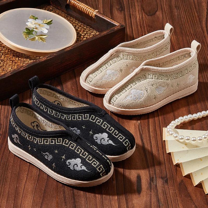 Boys Shoes Chinese Ancient Style Kids Embroidered Cloth Shoes Fashion Comfortable Flat Loafers Children Hanfu Shoes Soft Bottom