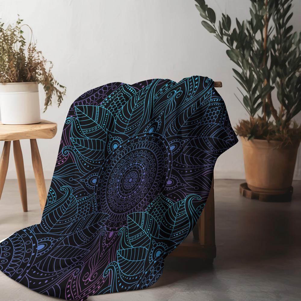 Black Floral Psychedelic Mandala Pattern Blanket - Neon Blue Purple Geometric Throw For Teens Girls Room Decor