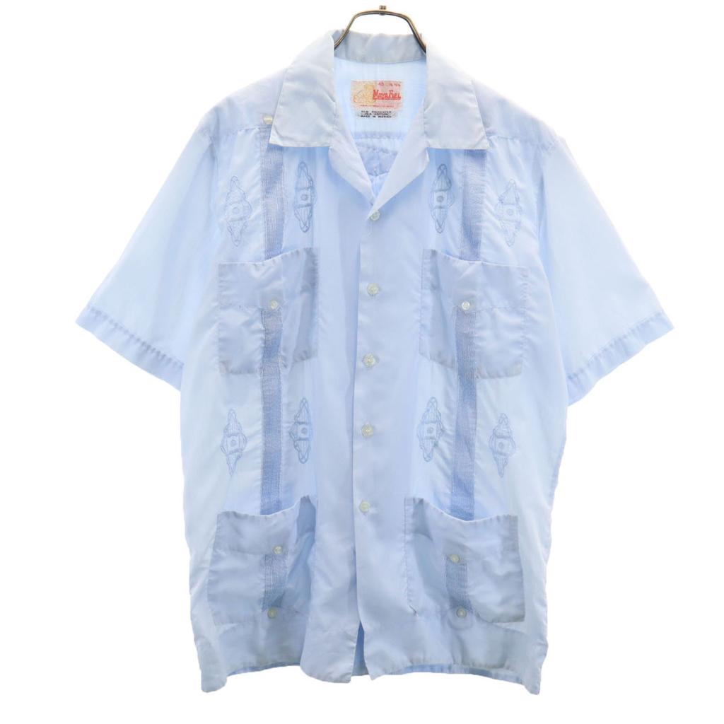 70s 80s Vintage Short Sleeve Open Color Cuban Shirt L Light Blue Men's Used