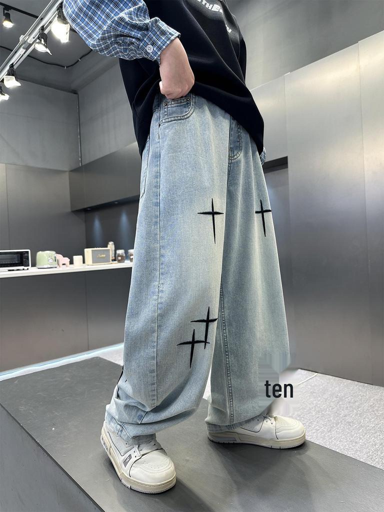 Men's 2026 Spring Trend Loose Wide-Leg Jeans with Cross Star Embroidery