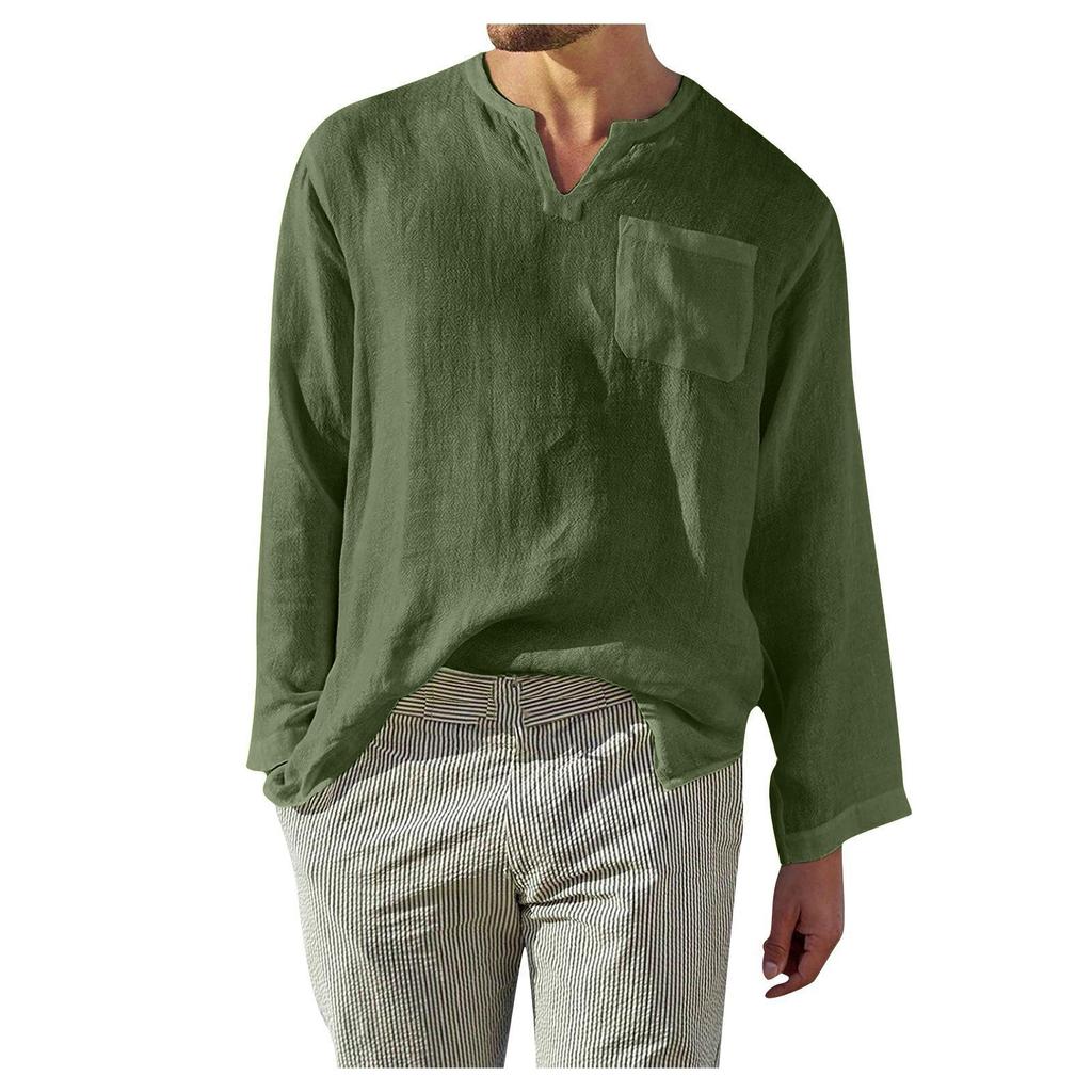Men's Casual Linen Solid Color Long Sleeve Shirts Loose Stand Collar Shirts
