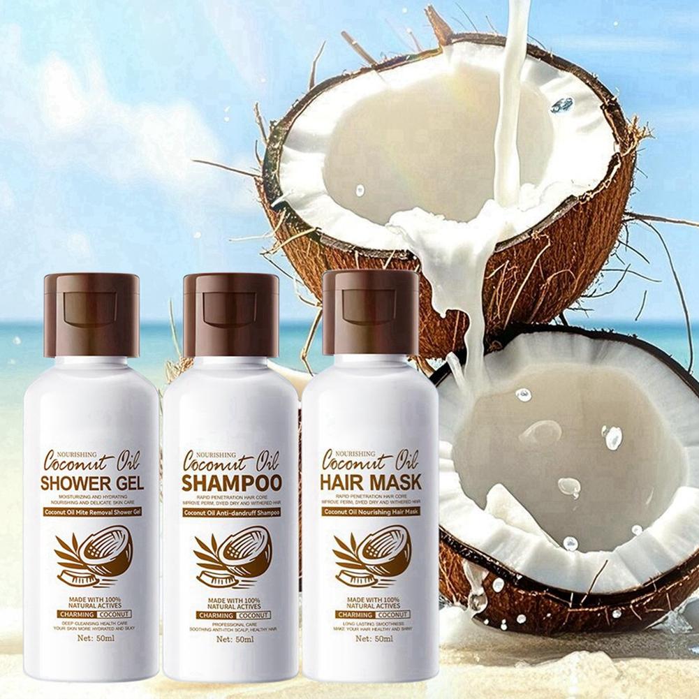 Huile de Coco Soin Cheveux Bain Voyage Ensemble 3 Pièces Shampoing/Masque Capillaire/Gel Douche