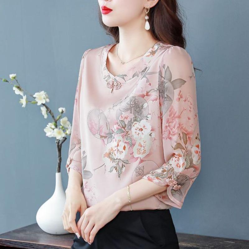 Women Summer Floral Print Chiffon Blouse