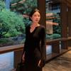 [] Black Long-sleeved V-neck Dress Autumn New Temperament Slim-fitting and Thin Dress