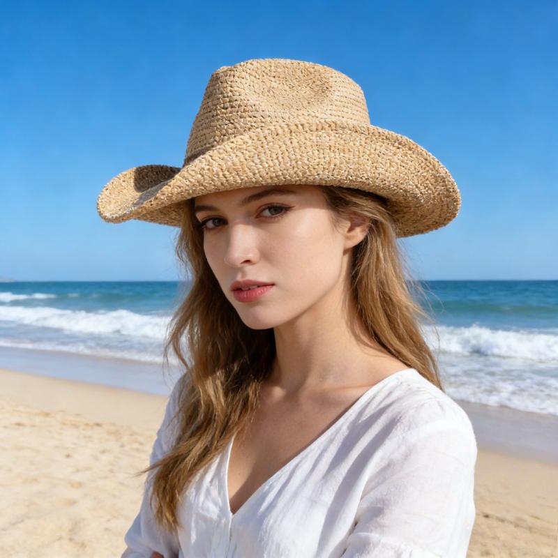 Sombrero de Sol de Hierba Raffia Estilo Americano Europeo Primavera Verano Moda Cadena de Cuentas Chili Jazz Estilo Vaquero Protección Solar Playa Sombrero de Paja