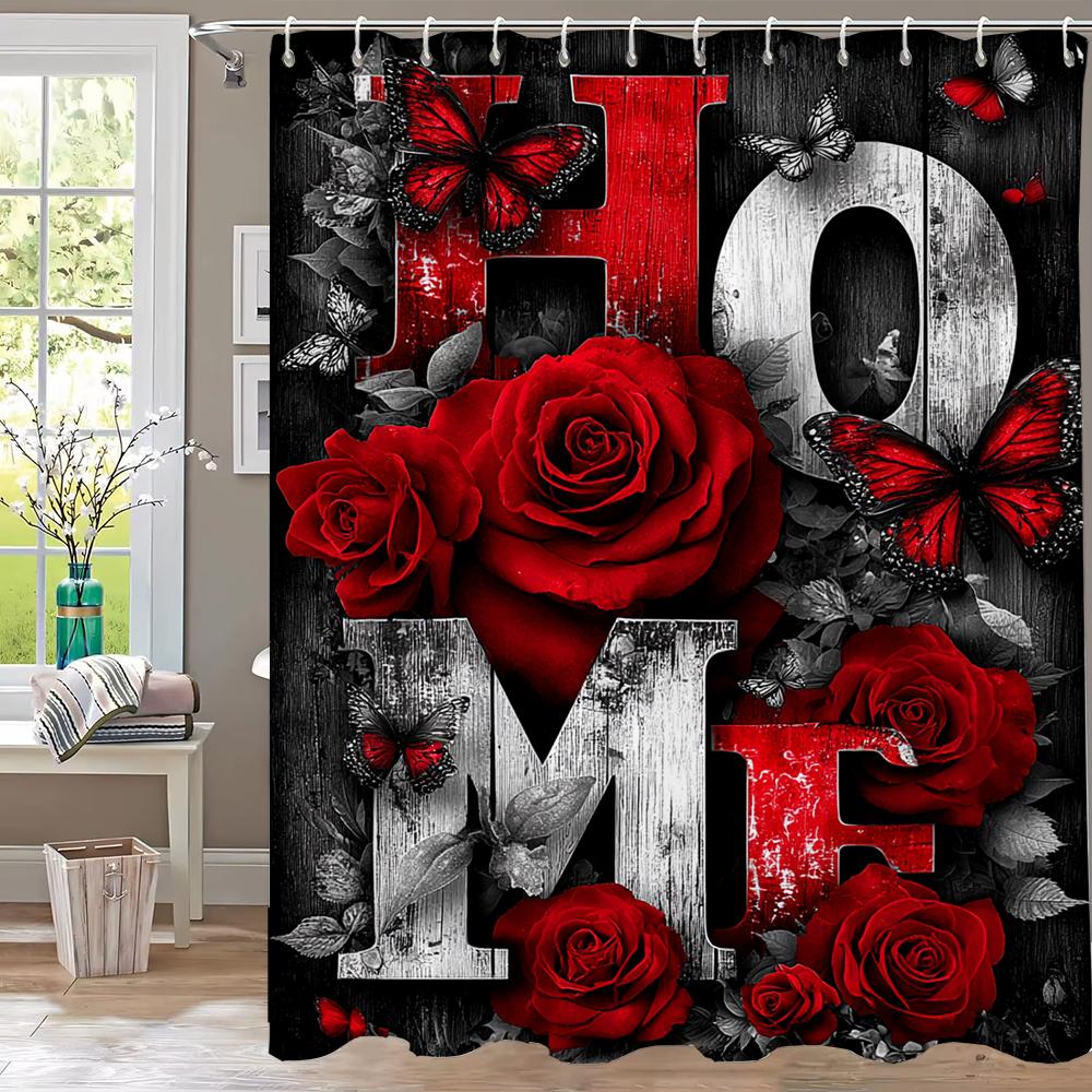 

Beautiful Red Roses And Butterflies Shower Curtains With Hooks Bathroom Curtains Printed Shower Curtain Home Decoration Curtain W60H190(CM)-1 Pcs